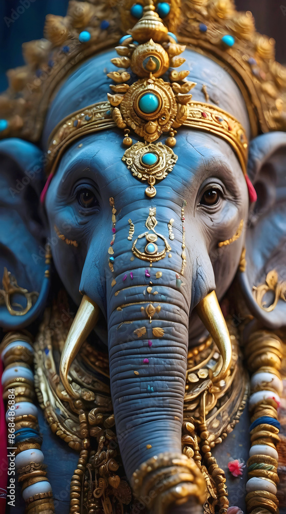 Lord Ganesha major deity in the Hindu pantheon, god with elephant's head and a human body, with four arms