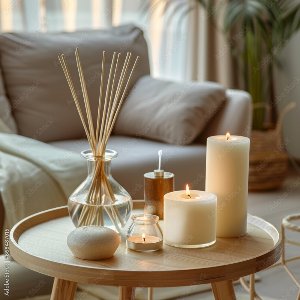 Room Scent, Fragrance Sticks, Aromatic Candles, Air Reed Freshener on Table in Living Room Room Scent, Fragrance Sticks, Aromatic Candles, Air Reed Freshener on Table in Living Room
