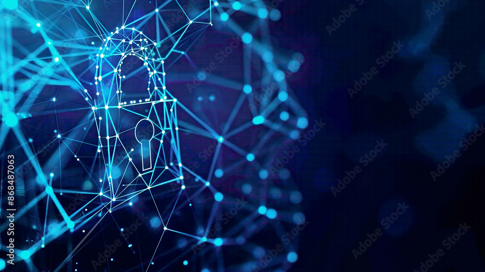Illustration of a cybersecurity lock symbol from lines and triangles network points interconnected on a blue background 