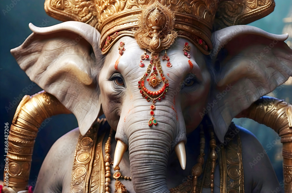 Lord Ganesha major deity in the Hindu pantheon, god with elephant's head and a human body, with four arms
