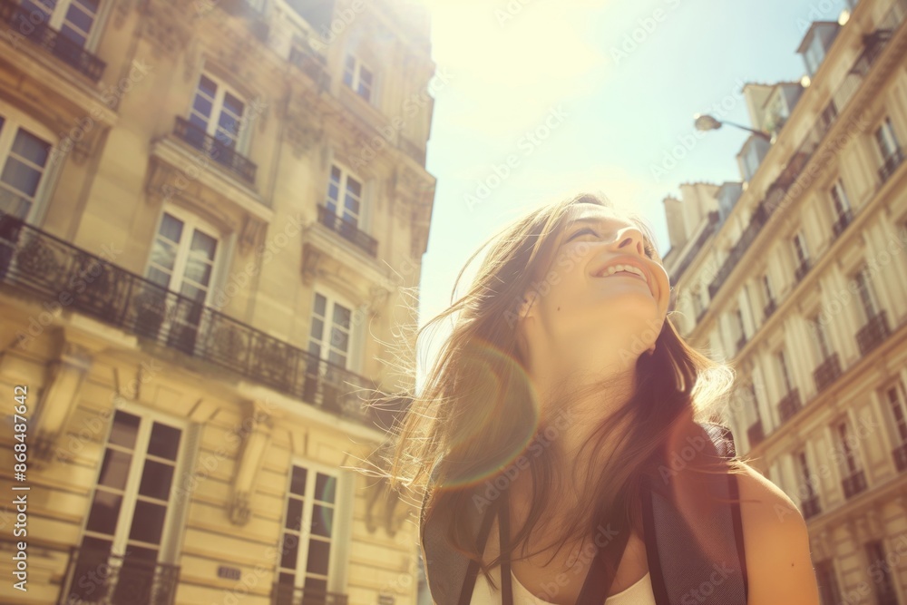 Fototapeta premium A tourist walking through a Parisian boulevard in the summer, looking up at the buildings. The sun is shining and the scene is bright, and the people are smiling. Travel, tourism concept. 