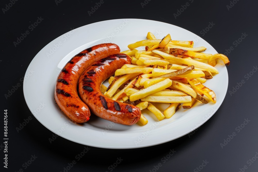 Grilled sausages and French fries. Image for cafe menu, Banner Grilled sausages and French fries. Image for cafe menu, Banner