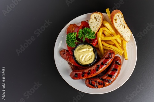 Grilled sausages and French fries. Image for cafe menu, Banner