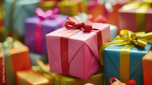 Numerous wrapped gifts in colorful paper with vibrant ribbons are piled together, suggesting a festive or celebration event.
