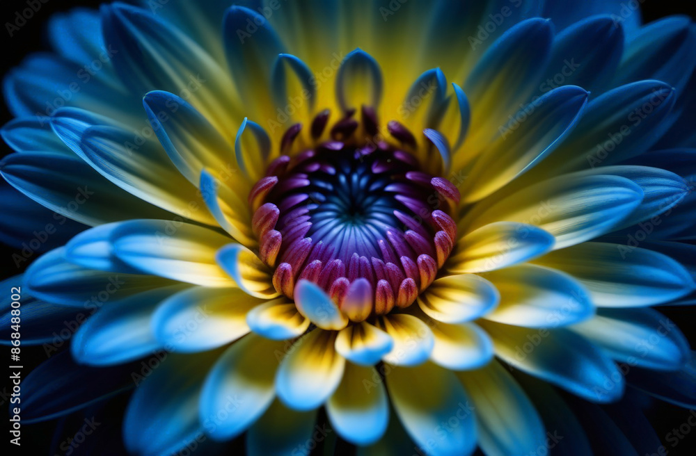 Background for Spring or Summer Design. Blue and yellow dahlia. Blue Chrysanthemum flower close up, one color, dark tone, macro texture flower. Greeting Card or Poster. Background for Spring or Summer Design. Blue and yellow dahlia. Blue Chrysanthemum flower close up, one color, dark tone, macro texture flower. Greeting Card or Poster.