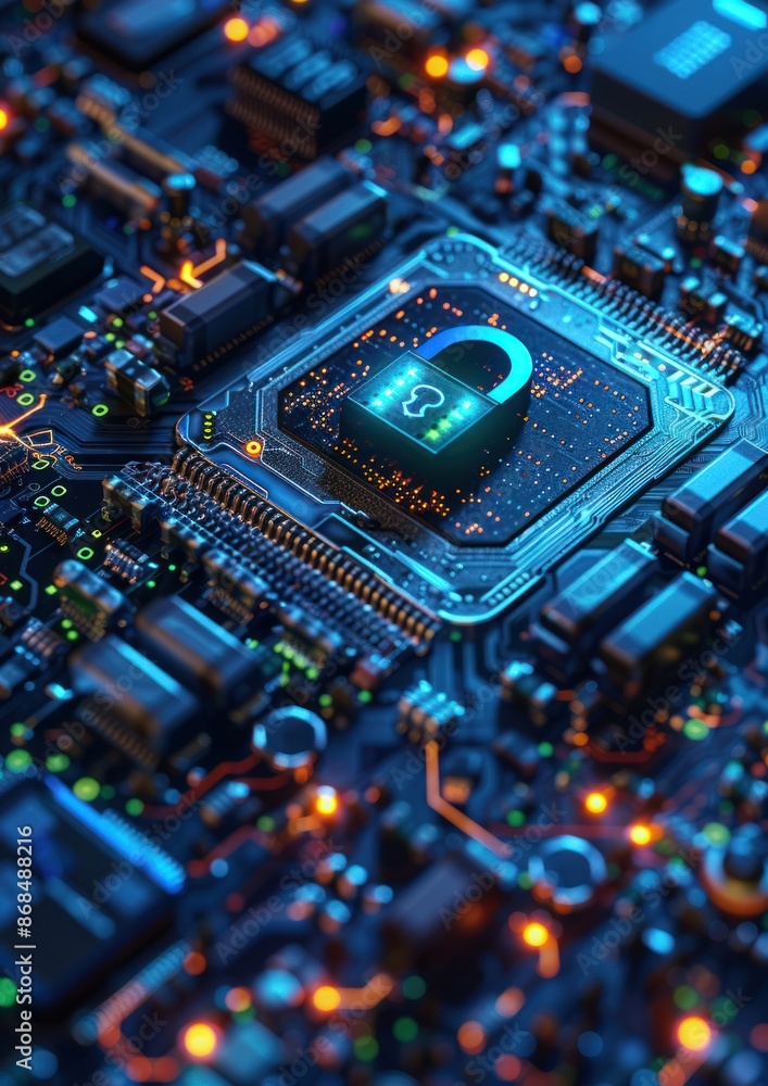 Cyber Security Concept with Lock on Circuit Board - Close-up of a circuit board with a glowing lock symbol, representing cyber security and data protection in a digital world. Cyber Security Concept with Lock on Circuit Board - Close-up of a circuit board with a glowing lock symbol, representing cyber security and data protection in a digital world.