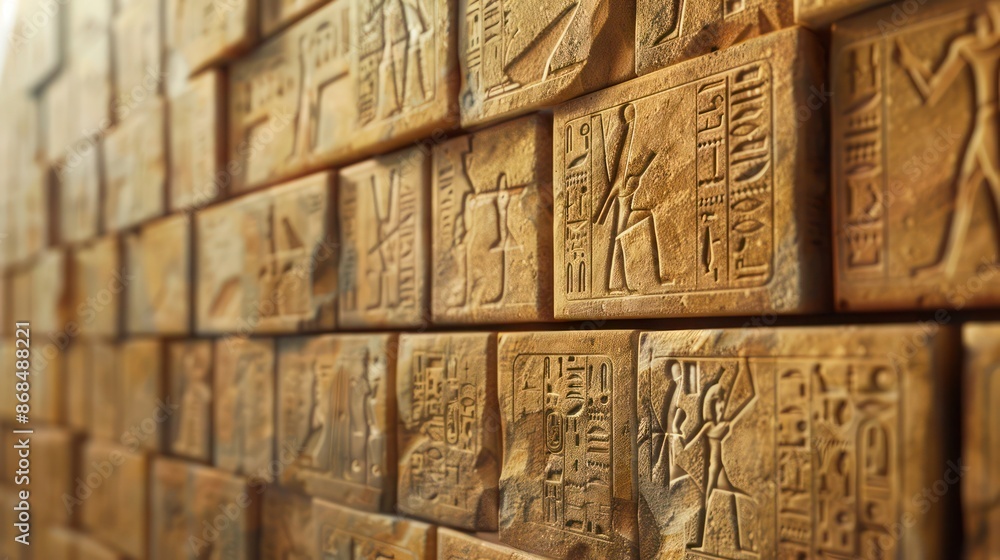 Screen wall with a series of sandstone blocks carved with traditional hieroglyphs, adding historical depth to modern settings Screen wall with a series of sandstone blocks carved with traditional hieroglyphs, adding historical depth to modern settings