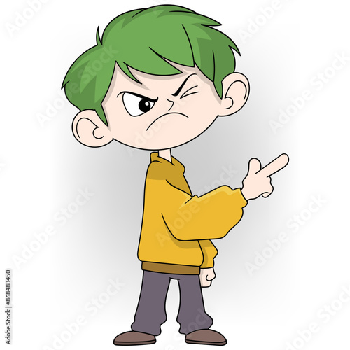 Cartoon Child with Green Hair Pointing and Showing Angry Expression