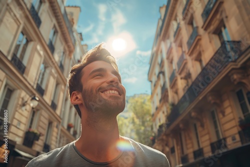 A tourist walking through a Parisian boulevard in the summer, looking up at the buildings. The sun is shining and the scene is bright, and the people are smiling. Travel, tourism concept. 