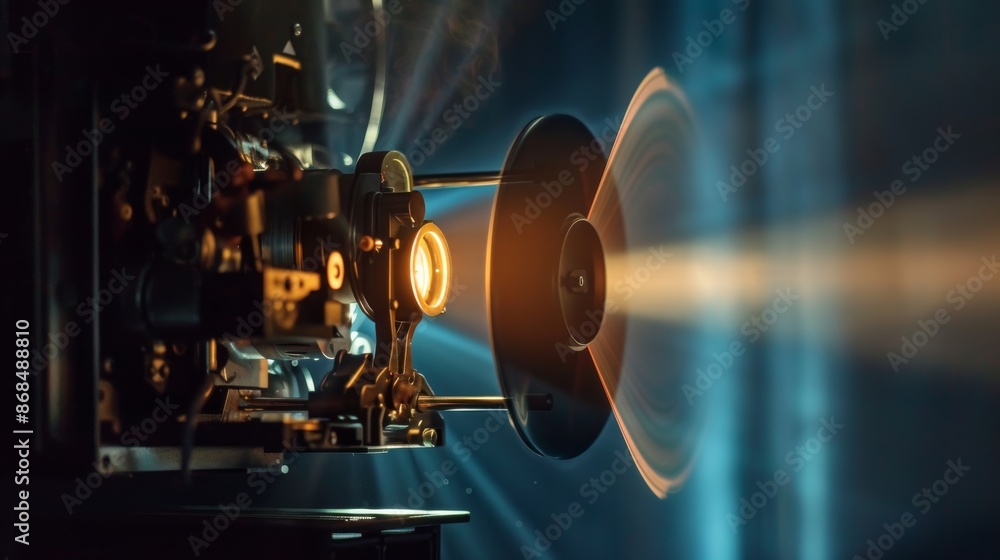 In a dimly lit room, a movie projector casts a bright beam against a dark backdrop, creating a high-contrast image. In a dimly lit room, a movie projector casts a bright beam against a dark backdrop, creating a high-contrast image.