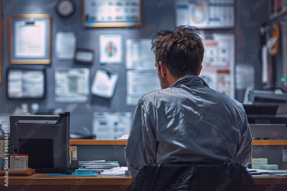 A man sitting at a cluttered desk in an office with various documents on the wall. Captured from behind, focusing on the busy and detailed workspace. A man sitting at a cluttered desk in an office with various documents on the wall. Captured from behind, focusing on the busy and detailed workspace.