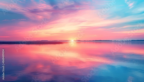A stunning sunset over a tranquil lake with vibrant pink, orange, and blue hues reflecting on the calm water.