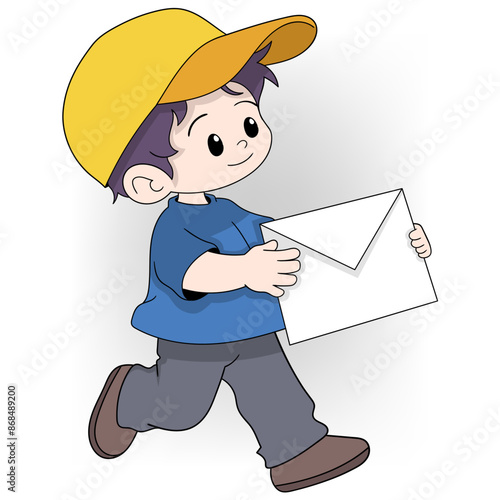 Cartoon Boy in Yellow Cap Delivering a White Envelope While Walking