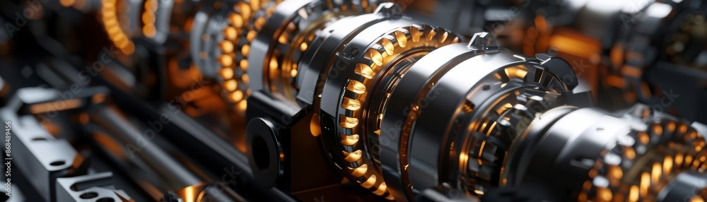 Close-up of intricate machinery showcasing metal gears and components in a modern industrial setting, illuminated by warm lighting. Close-up of intricate machinery showcasing metal gears and components in a modern industrial setting, illuminated by warm lighting.