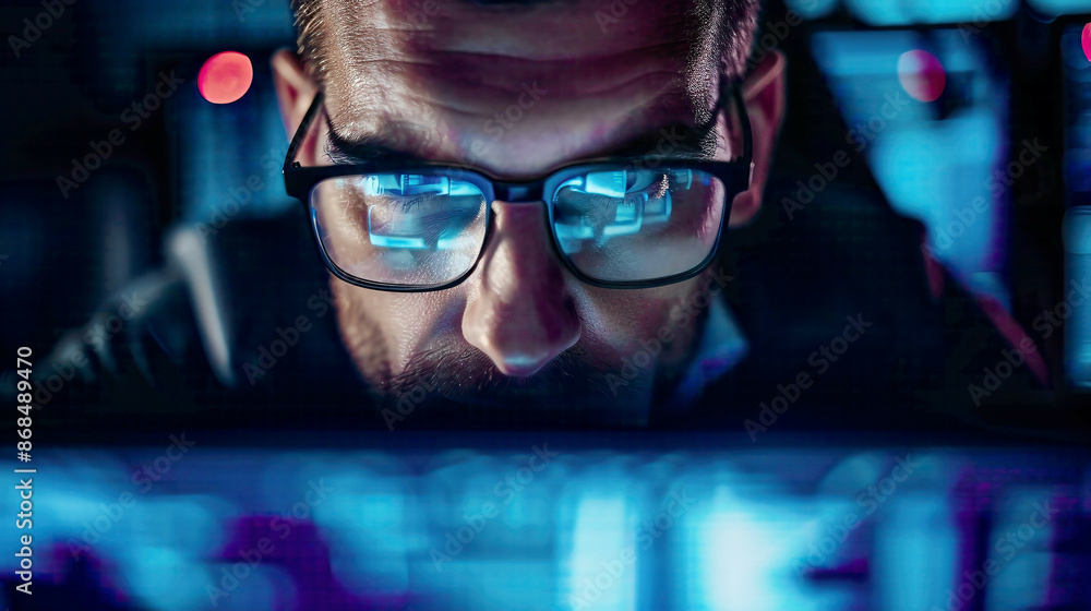 Professional photograph capturing the focused expression of a cyber security administrator as they meticulously debug the corporation's operating system Professional photograph capturing the focused expression of a cyber security administrator as they meticulously debug the corporation's operating system