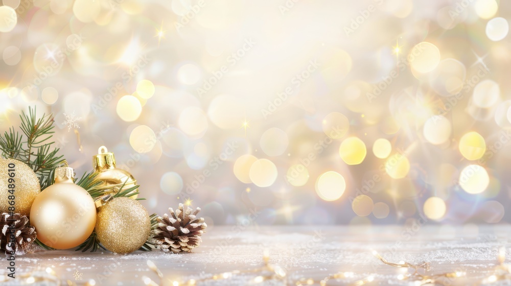 Golden Christmas ornaments with pine cones and glittery decorations on a festive table setting. Concept of holiday elegance and celebration. Golden Christmas ornaments with pine cones and glittery decorations on a festive table setting. Concept of holiday elegance and celebration.
