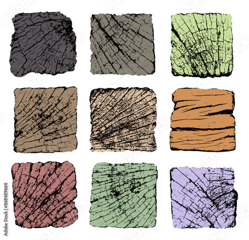 Set of square tree trunk cuts with cracks, cuts, lumber. Hand drawn colored wooden texture with tree rings. Saw cut timber, wood, sawn pine or oak slices. Vector tree trunk illustration.