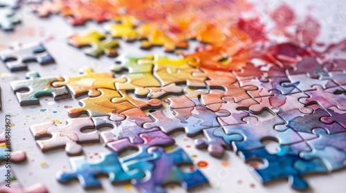 Close-up of colorful puzzle pieces scattered on a table with splashes of paint in the background forming a vibrant artistic scene.