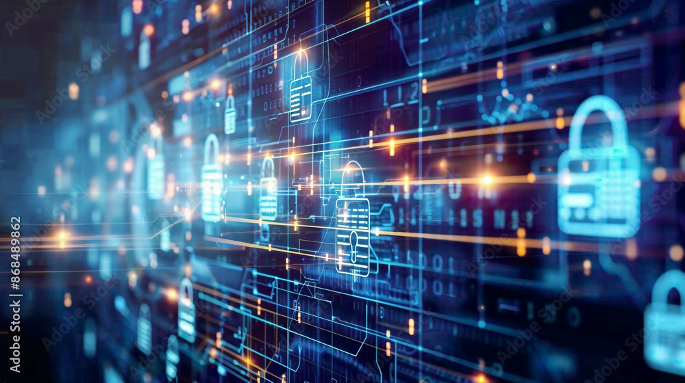 Obraz premium Secure access to personal information cyber security and encryption theme digital lock icons and network connections on a blue background