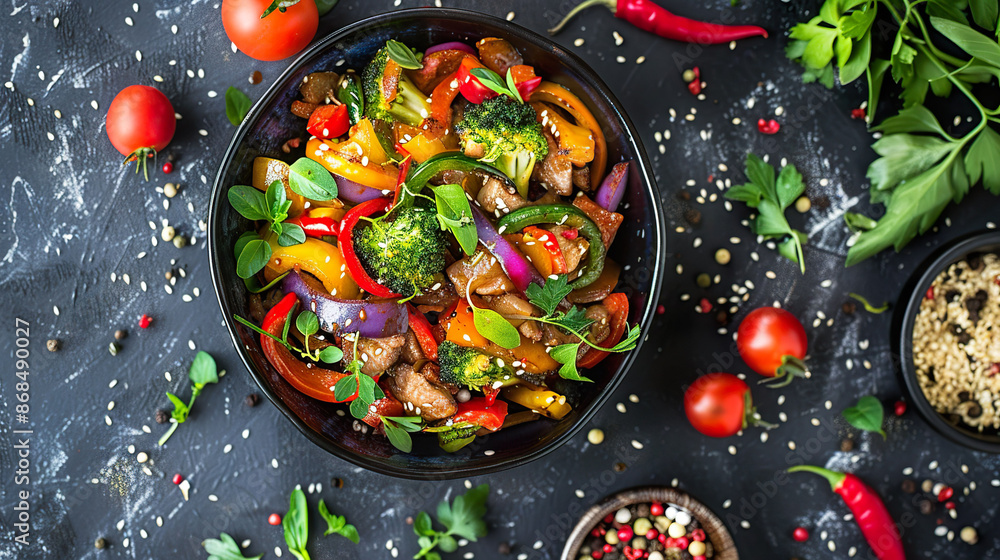 Plant-based meat stir-fry with colorful vegetables Plant-based meat stir-fry with colorful vegetables