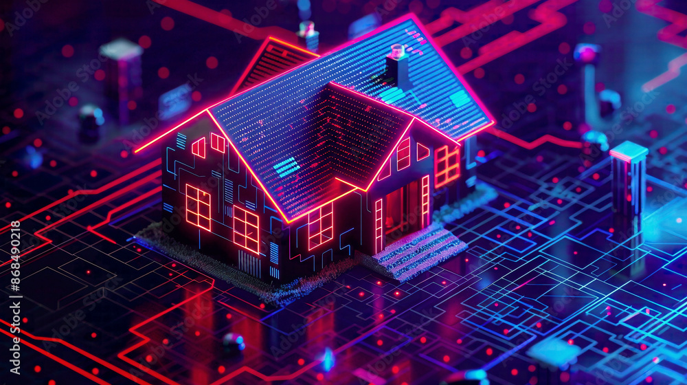 Smart Home Security System 3D isometric house with illuminated digits and protective shield cyber security for IoT devices ultra-detailed realistic lighting high-tech theme Smart Home Security System 3D isometric house with illuminated digits and protective shield cyber security for IoT devices ultra-detailed realistic lighting high-tech theme