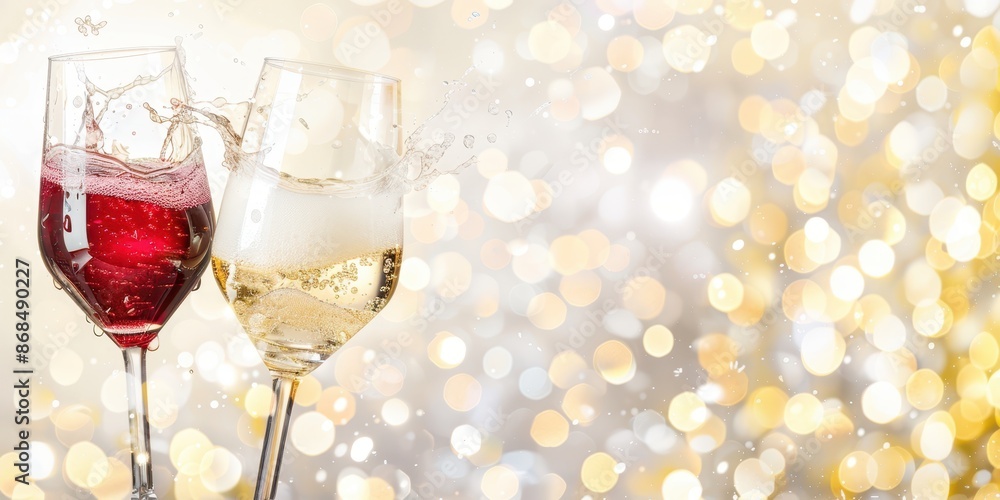 Red and white wine splashing in glasses isolated on white background, capturing motion and elegance. Ideal for advertising or celebration themes. Red and white wine splashing in glasses isolated on white background, capturing motion and elegance. Ideal for advertising or celebration themes.