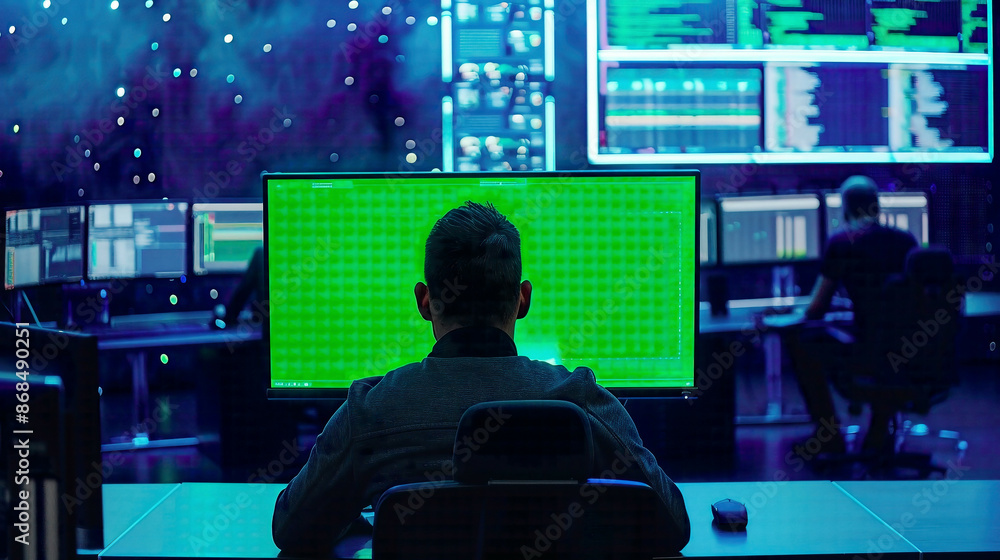 Smart male IT programmer immersed in coding on a desktop computer with a green mock-up screen in a high-tech data center control room Smart male IT programmer immersed in coding on a desktop computer with a green mock-up screen in a high-tech data center control room