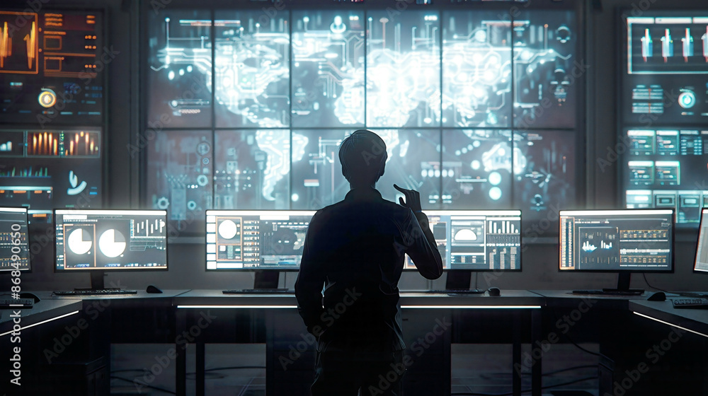 System control room scene operator standing in front of multiple displays with graphical data AI work monitored by administrator modern tech ambiance System control room scene operator standing in front of multiple displays with graphical data AI work monitored by administrator modern tech ambiance