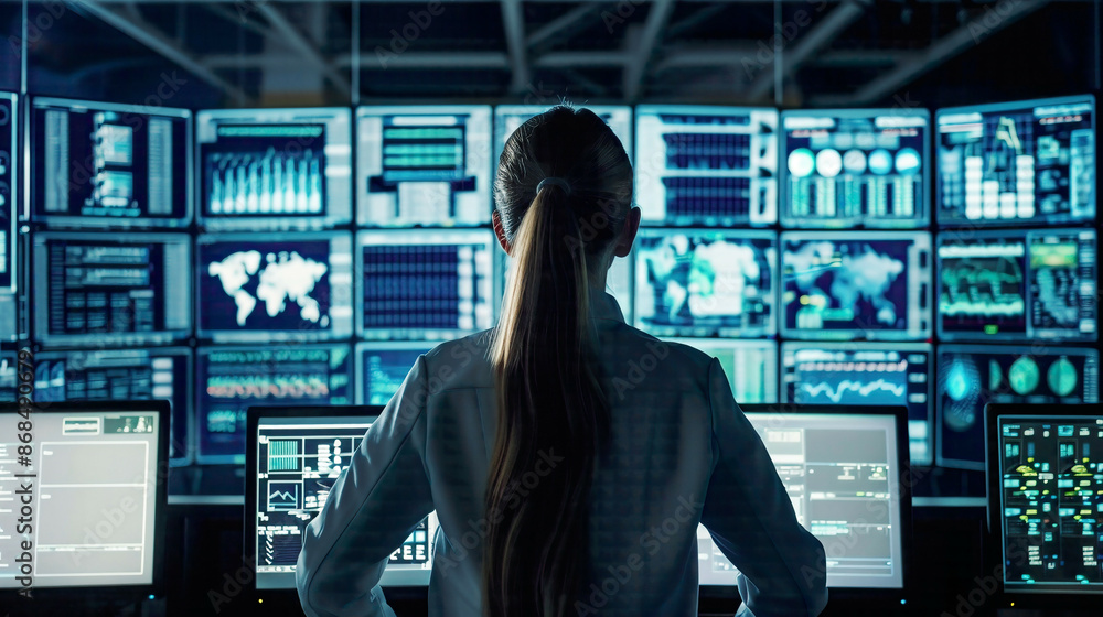System engineer woman overseeing operations multiple monitors in the background showing diverse data high-tech control room System engineer woman overseeing operations multiple monitors in the background showing diverse data high-tech control room