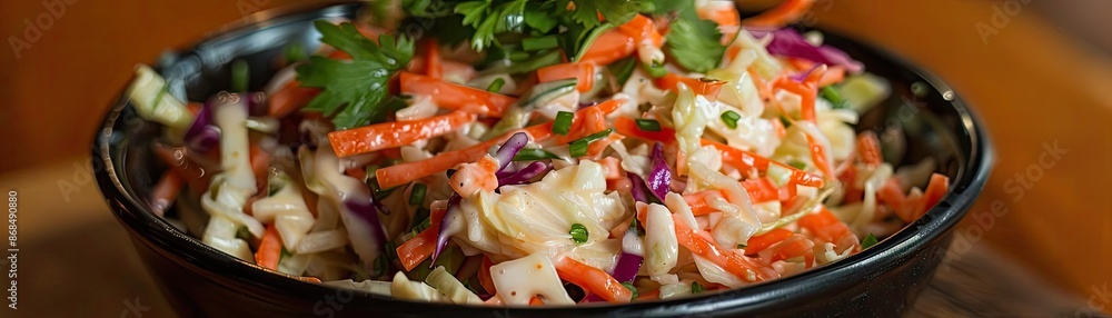 Fresh homemade coleslaw salad with cabbage, carrots, and herbs in a black bowl, perfect for a healthy meal or side dish. Fresh homemade coleslaw salad with cabbage, carrots, and herbs in a black bowl, perfect for a healthy meal or side dish.