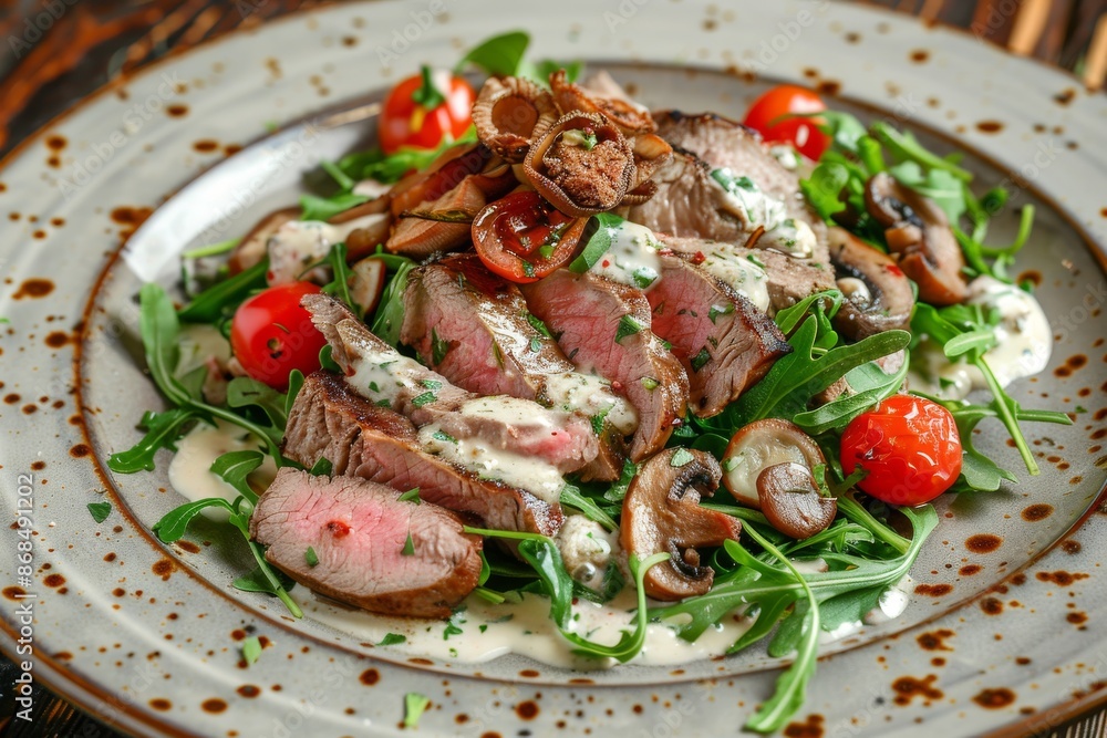 Veal and porcini salad. Warm salat with mushrooms in cream sauce, roasted meat beef fillet, cherry Veal and porcini salad. Warm salat with mushrooms in cream sauce, roasted meat beef fillet, cherry