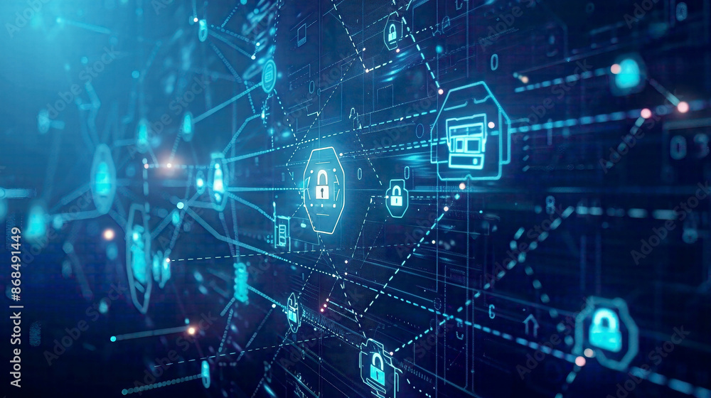 Virtual screen displaying cyber security information privacy and data protection internet and technology theme with digital locks and network symbols Virtual screen displaying cyber security information privacy and data protection internet and technology theme with digital locks and network symbols