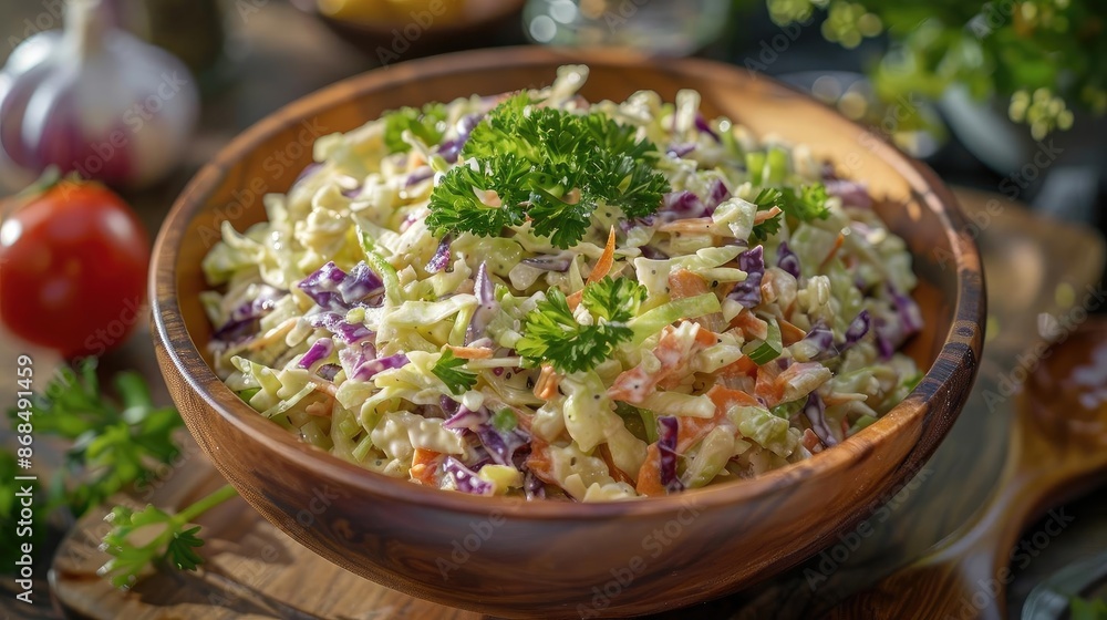 Fresh, vibrant coleslaw salad in a wooden bowl with colorful veggies, garnished with parsley, ready for a healthy meal. Fresh, vibrant coleslaw salad in a wooden bowl with colorful veggies, garnished with parsley, ready for a healthy meal.