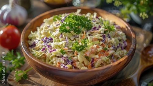Fresh, vibrant coleslaw salad in a wooden bowl with colorful veggies, garnished with parsley, ready for a healthy meal.
