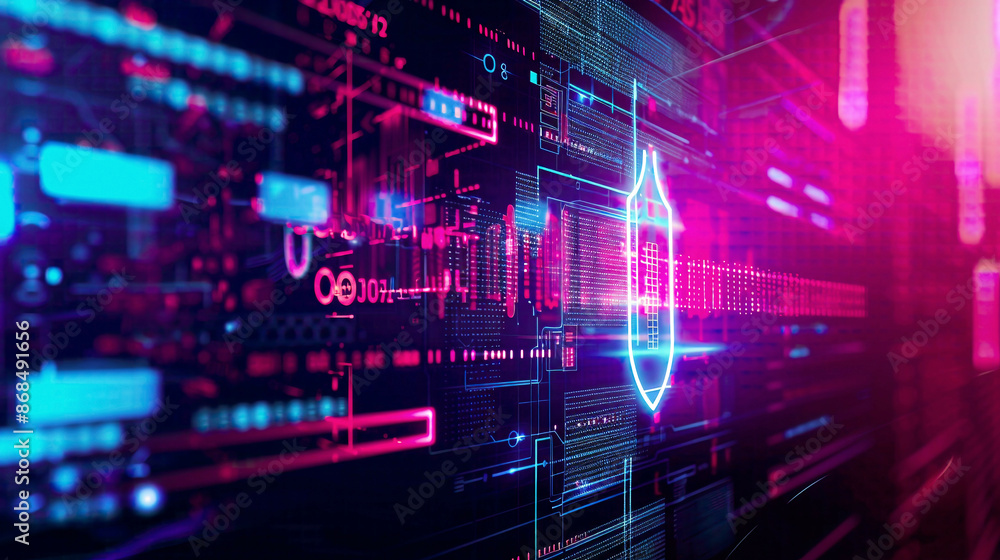 Obraz premium Visual depiction of cyber security and digital data protection with an icon graphic interface demonstrating secure firewall technology for safeguarding online data access against hackers