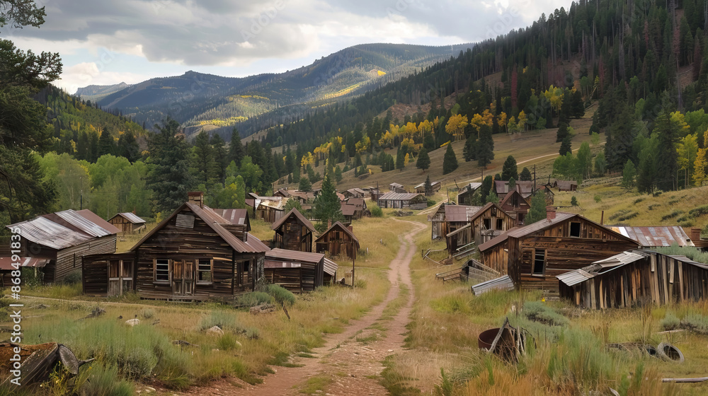 Obraz premium Old western abandoned gold mining ghost town with weathered wooden buildings.