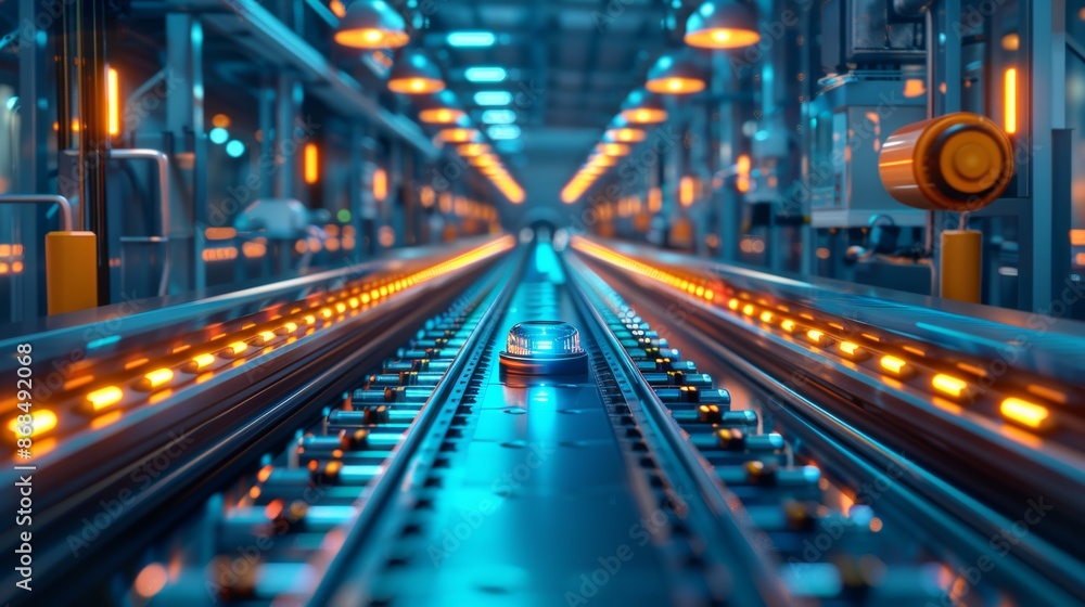 Factory production line with blue electronic devices, in glowing 3D style, airy and bright scene, dreamlike quality, science-based, superb details. Factory production line with blue electronic devices, in glowing 3D style, airy and bright scene, dreamlike quality, science-based, superb details.