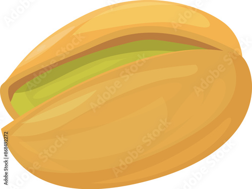 Single pistachio nut is shown with the shell open revealing the seed inside