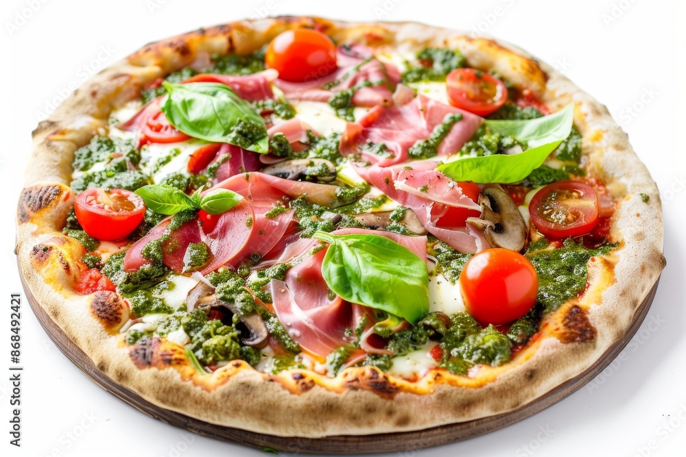 Parma Ham Pizza with Porcini Mushrooms, Mozzarella, Basil, Cherry Tomatoes, Pesto Parma Ham Pizza with Porcini Mushrooms, Mozzarella, Basil, Cherry Tomatoes, Pesto