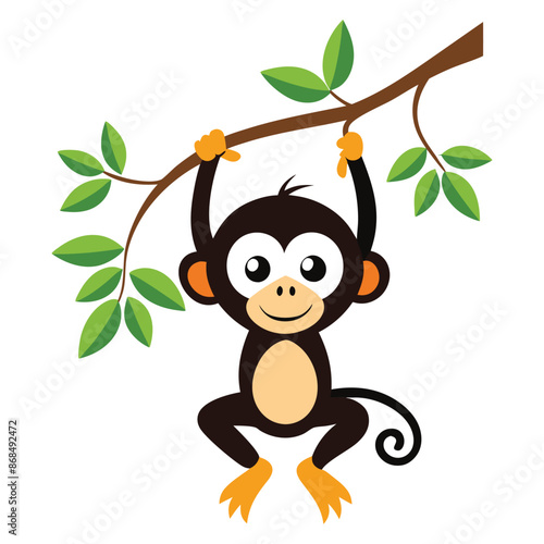 Cute little monkey cartoon hanging on tree branch
