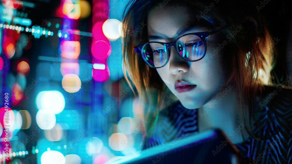 Woman in glasses using tablet holographic coding interface data analytics and digital technology cybersecurity research at night Woman in glasses using tablet holographic coding interface data analytics and digital technology cybersecurity research at night