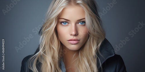 Young adult Nordic blonde woman with blond hair and light blue eyes wearing jacket