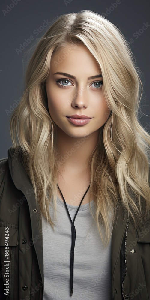 Young adult Nordic blonde woman with blond hair and light blue eyes wearing jacket Young adult Nordic blonde woman with blond hair and light blue eyes wearing jacket