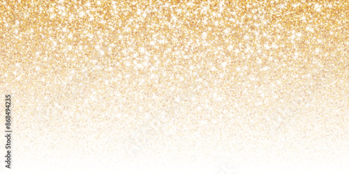Golden glitter lights ombre background. Sparkling glittering rain effect. Celebration backdrop for Christmas, wedding, birthday party. Luxury metallic frame, border. Vector.