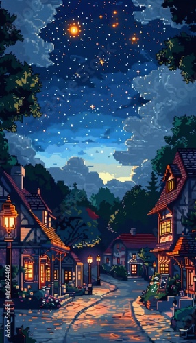 Wallpaper Mural Enchanting village night scene with starry sky, cozy cottages, warm lights, and a cobblestone path, perfect for illustrating fantasy tales. Torontodigital.ca