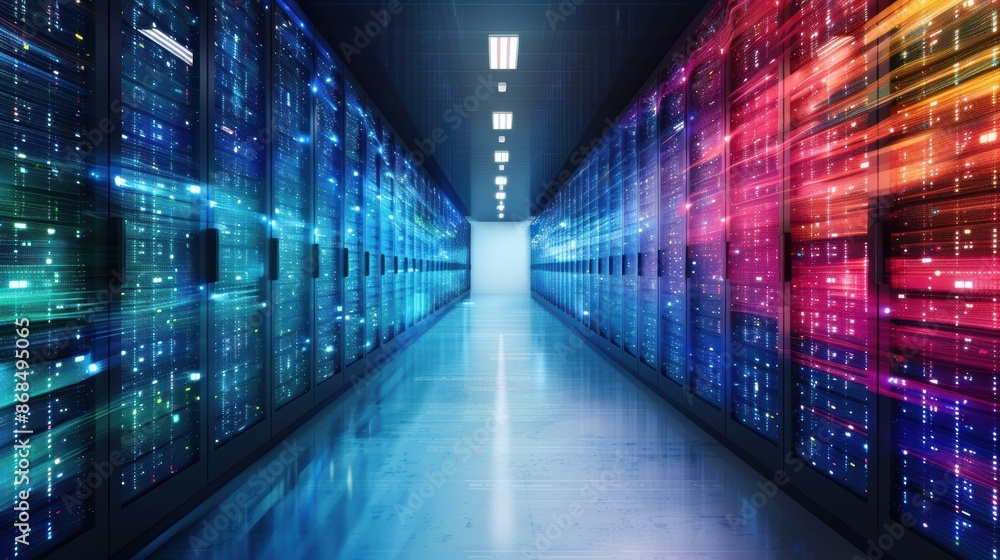 Futuristic server room corridor with vibrant blue and red lights, showcasing advanced technology and high-speed data processing capabilities. Futuristic server room corridor with vibrant blue and red lights, showcasing advanced technology and high-speed data processing capabilities.