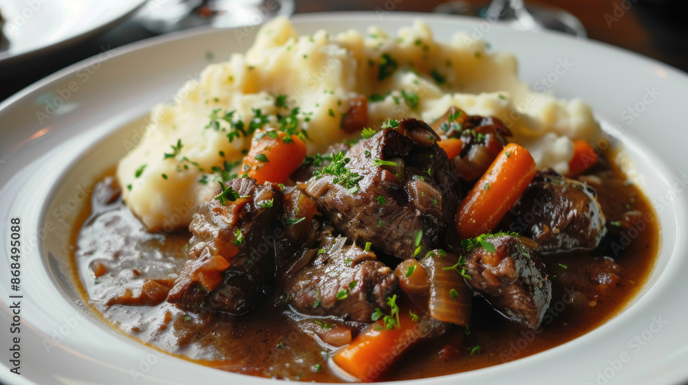 A plate of beef stew with carrots and peas, served with creamy mashed potatoes and garnished with fresh herbs. The background includes a wine glass. A plate of beef stew with carrots and peas, served with creamy mashed potatoes and garnished with fresh herbs. The background includes a wine glass.