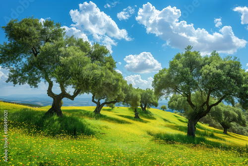 Olive trees on a hillside under a bright summer sky 