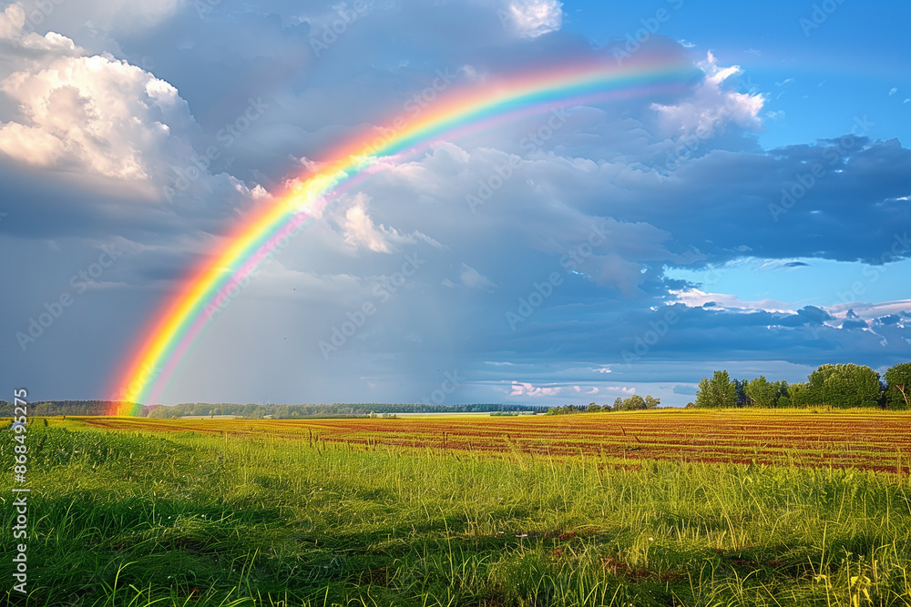 Obraz premium Rainbow arcing over a field after a summer rain