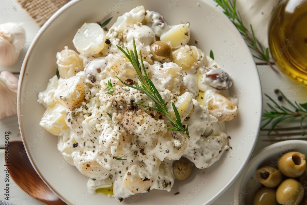 Creamy potato salad with olives and herbs, garnished with rosemary sprig, presented on white plate, perfect for summer picnics and gatherings. Creamy potato salad with olives and herbs, garnished with rosemary sprig, presented on white plate, perfect for summer picnics and gatherings.